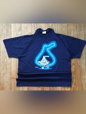 Vintage 90s Jerzees Navy Blue Graphic T-Shirt with Neon Blue Hershey Kiss Design
